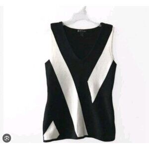 INC International Concepts Colorblock Sweater Vest Black White V Neck Knit Top L
